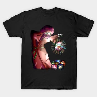 Masked sorcerer with glowing d20 dnd dice T-Shirt